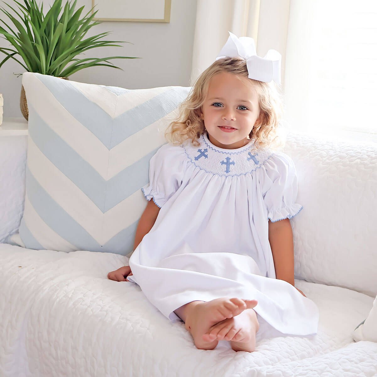 Blue Cross Smocked White Pique Dress