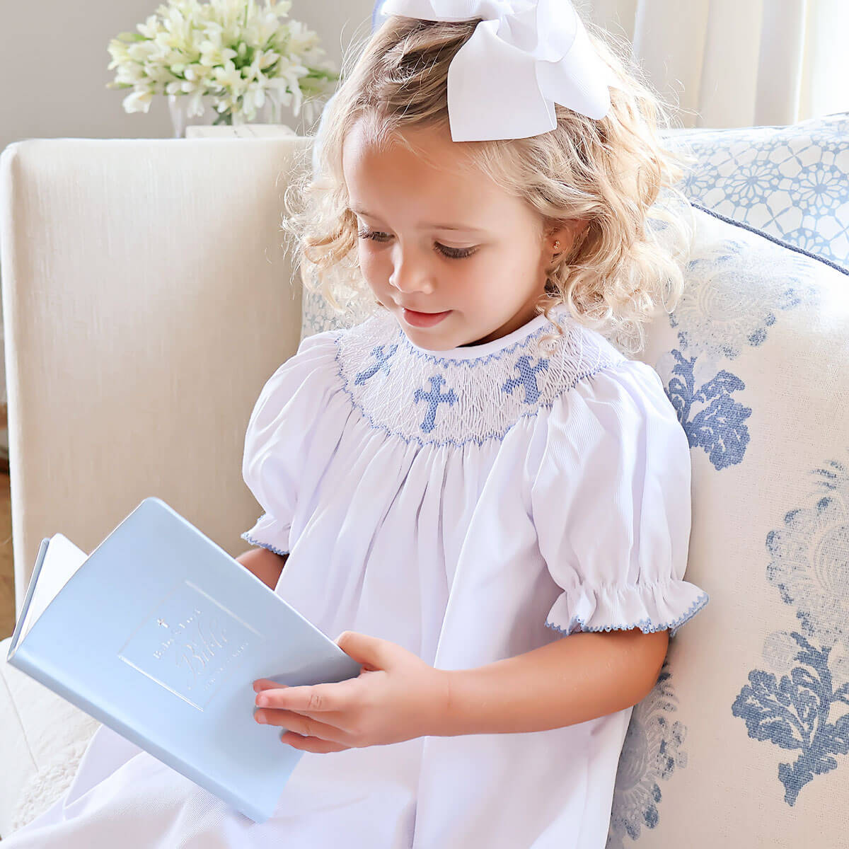 Blue Cross Smocked White Pique Dress