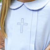 Cross Embroidered Light Blue Pleated Dress