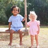 Cross Smocked Light Blue Pique Collared Romper