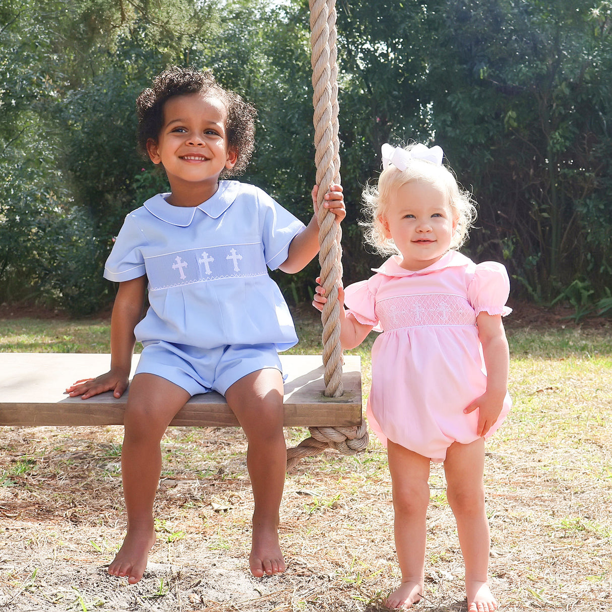 Cross Smocked Pink Pique Collared Bubble