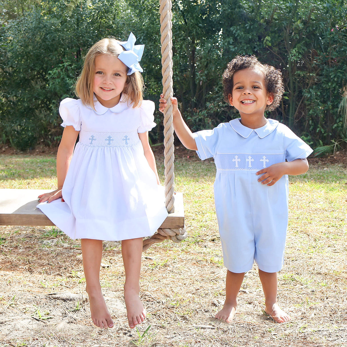 Blue Cross Smocked White Pique Collared Dress