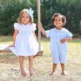 Blue Cross Smocked White Pique Collared Dress