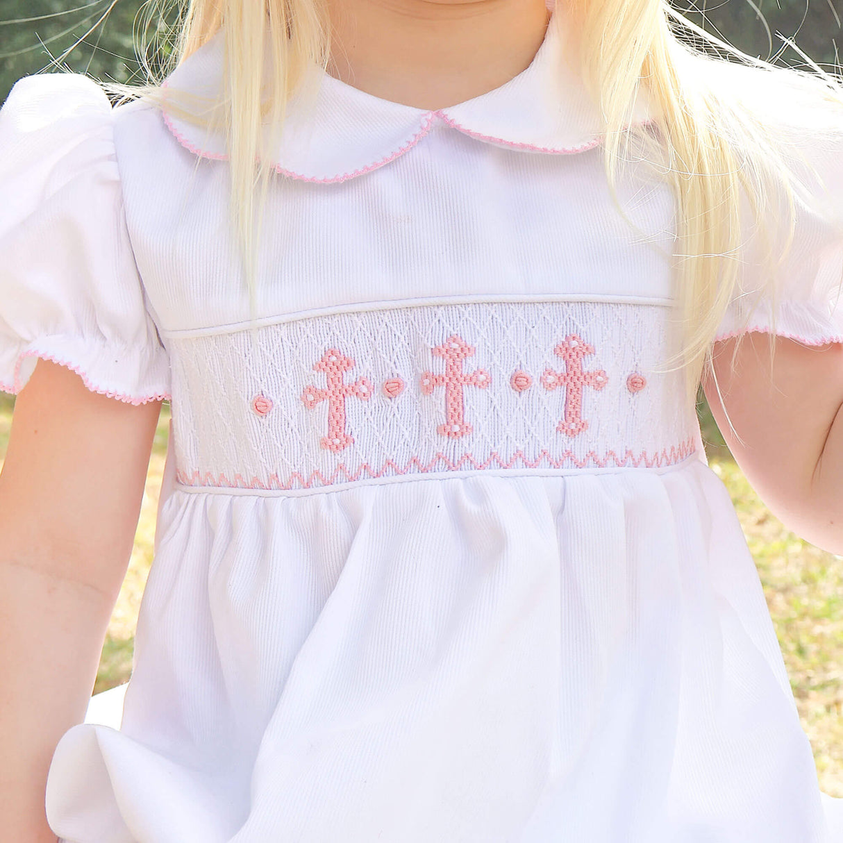 Pink Cross Smocked White Pique Collared Bubble