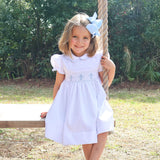 Blue Cross Smocked White Pique Collared Dress