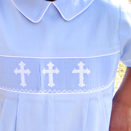 Cross Smocked Light Blue Pique Collared Romper