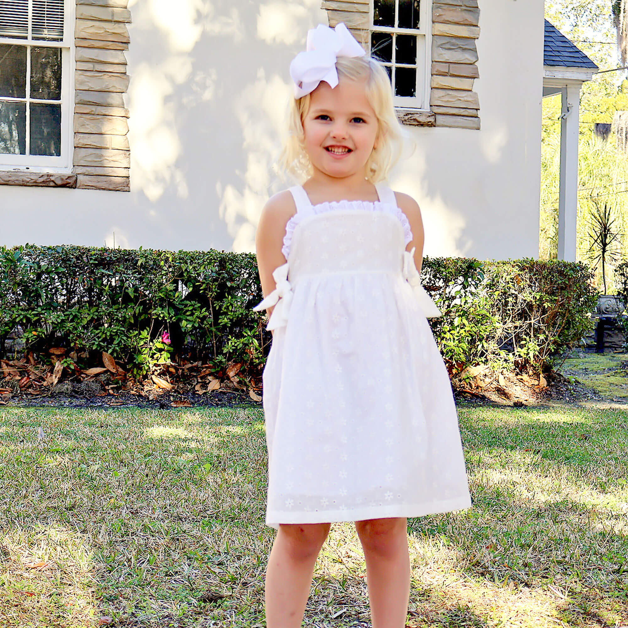 White Eyelet Lace Trim White Side Tie Bow Dress – Classic Whimsy