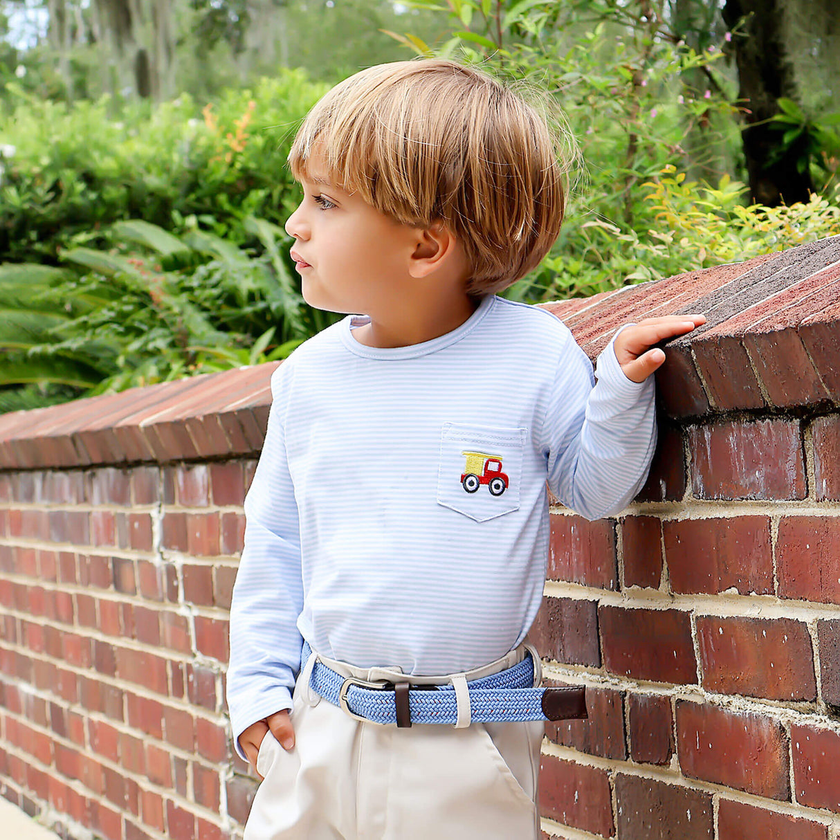 Construction Truck Light Blue Stripe Long Sleeve Pocket Shirt