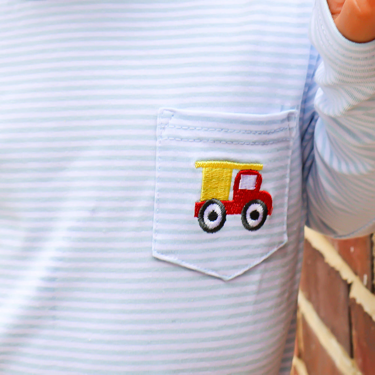 Construction Truck Light Blue Stripe Long Sleeve Pocket Shirt