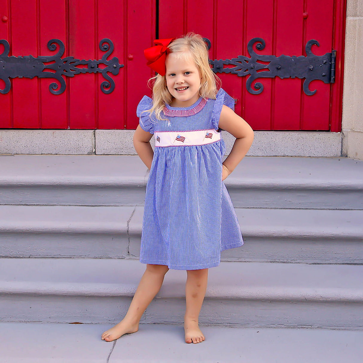 Little Patriot Blue Gingham Ruffle Collared Dress