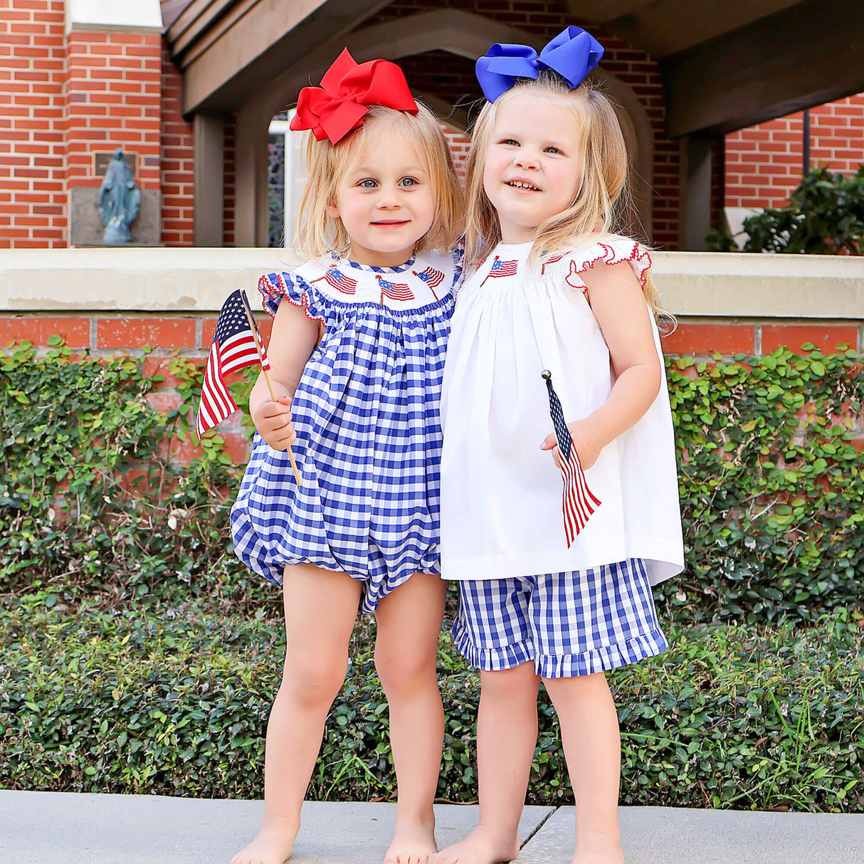 Flag Smocked Royal Gingham Angel Sleeve Bubble