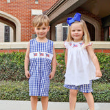 Flag Smocked Royal Gingham Angel Sleeve Short Set