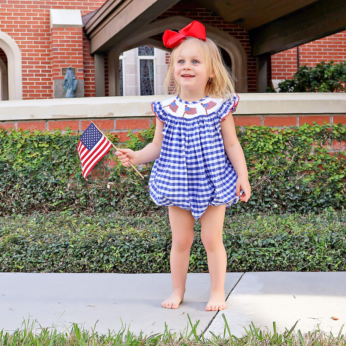 Flag Smocked Royal Gingham Angel Sleeve Bubble