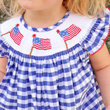 Flag Smocked Royal Gingham Angel Sleeve Bubble