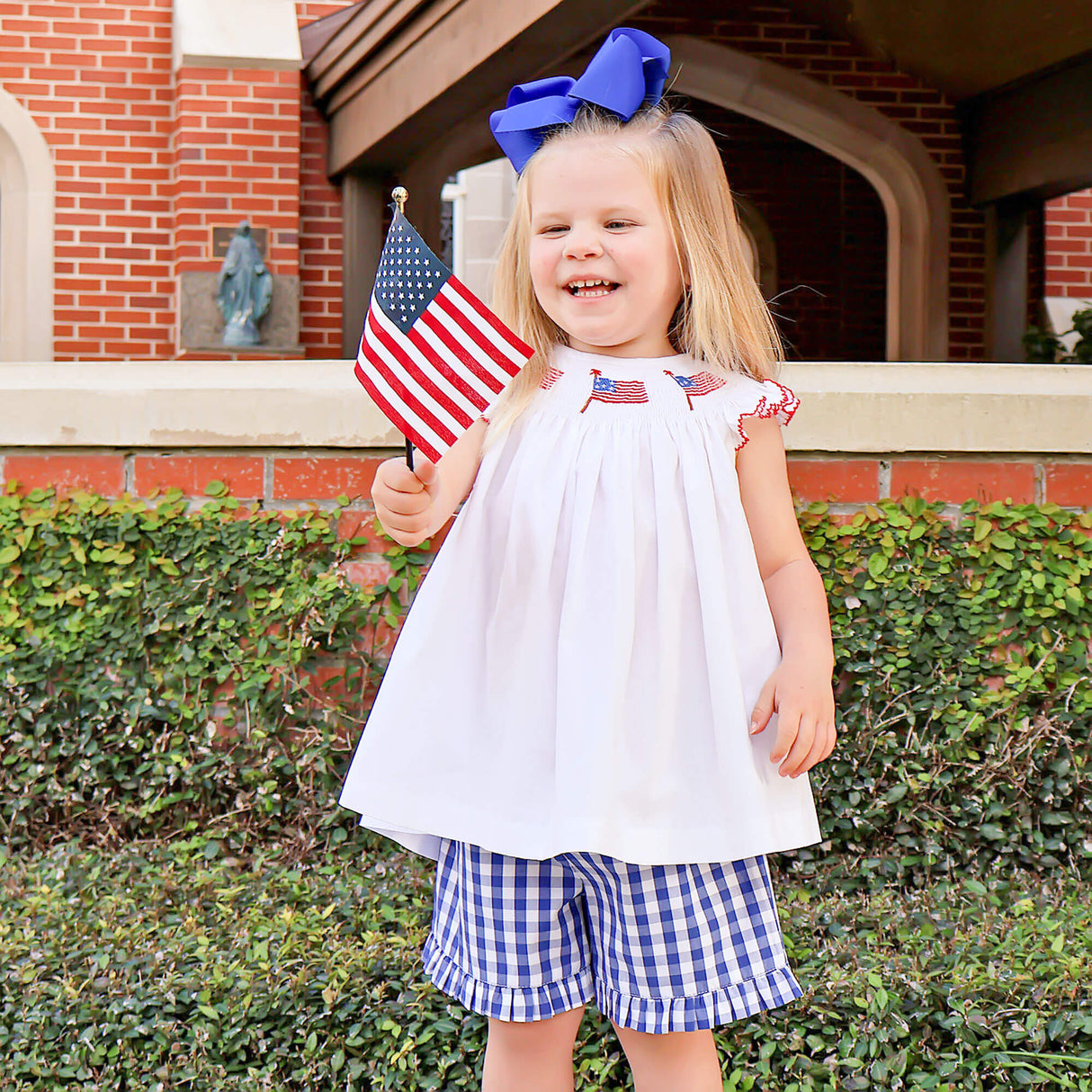 Flag Smocked Royal Gingham Angel Sleeve Short Set