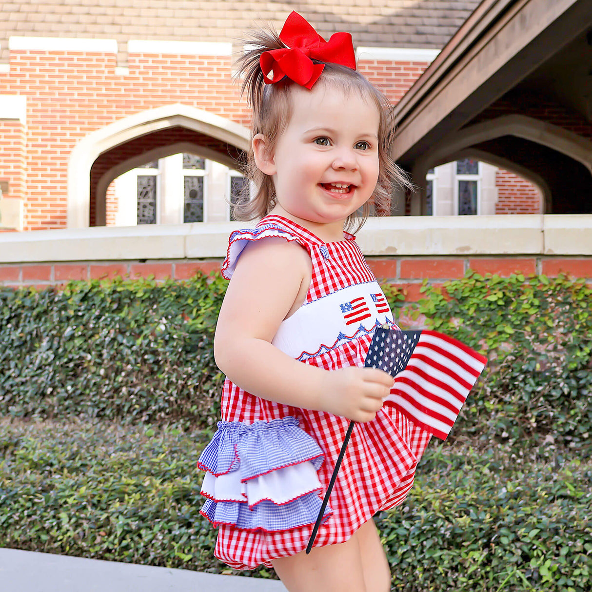 Red Check American Flag Smocked Leah Bubble