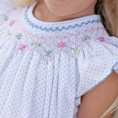 Wild Flowers Smocked Light Blue Polka Dot Dress