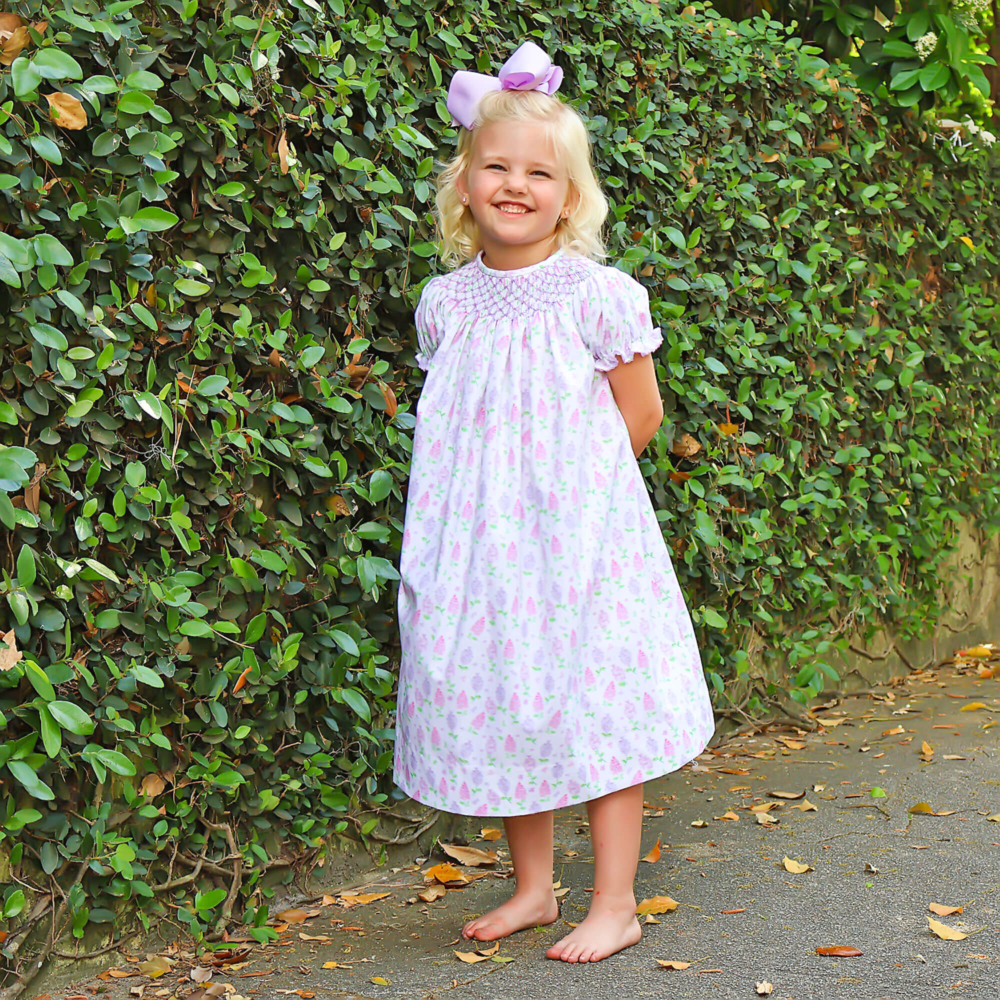 Hydrangea Floral Lavender & Pink Geo Smocked Bishop Dress
