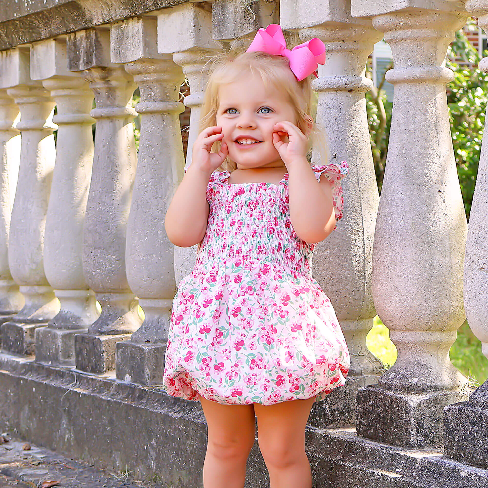 Rose Garden Pink And Red Floral Smocked Bubble – Classic Whimsy