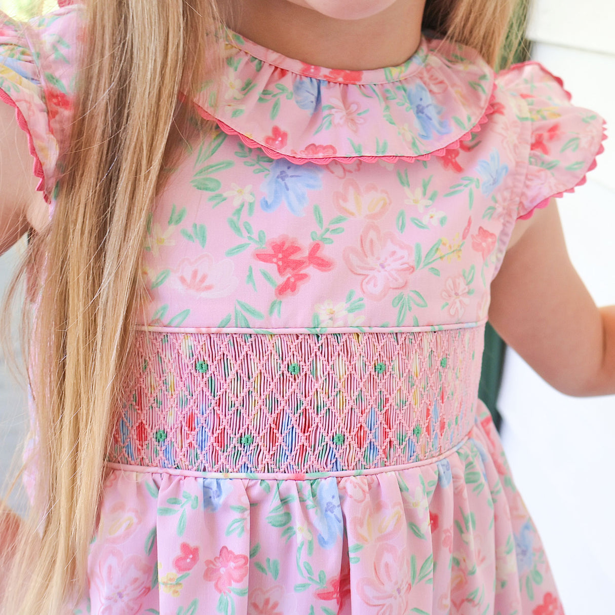 Evergrace Floral Pink Smocked Collared Dress