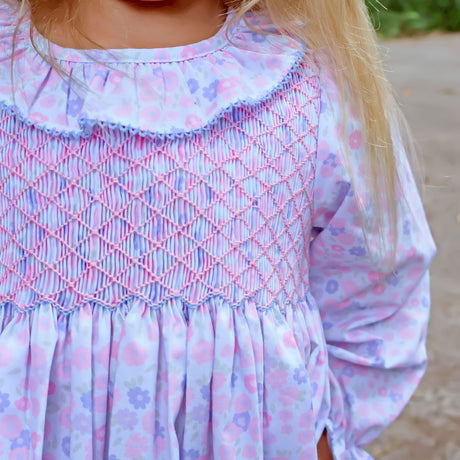 Pink Floral Geo Smocked Collared Dress