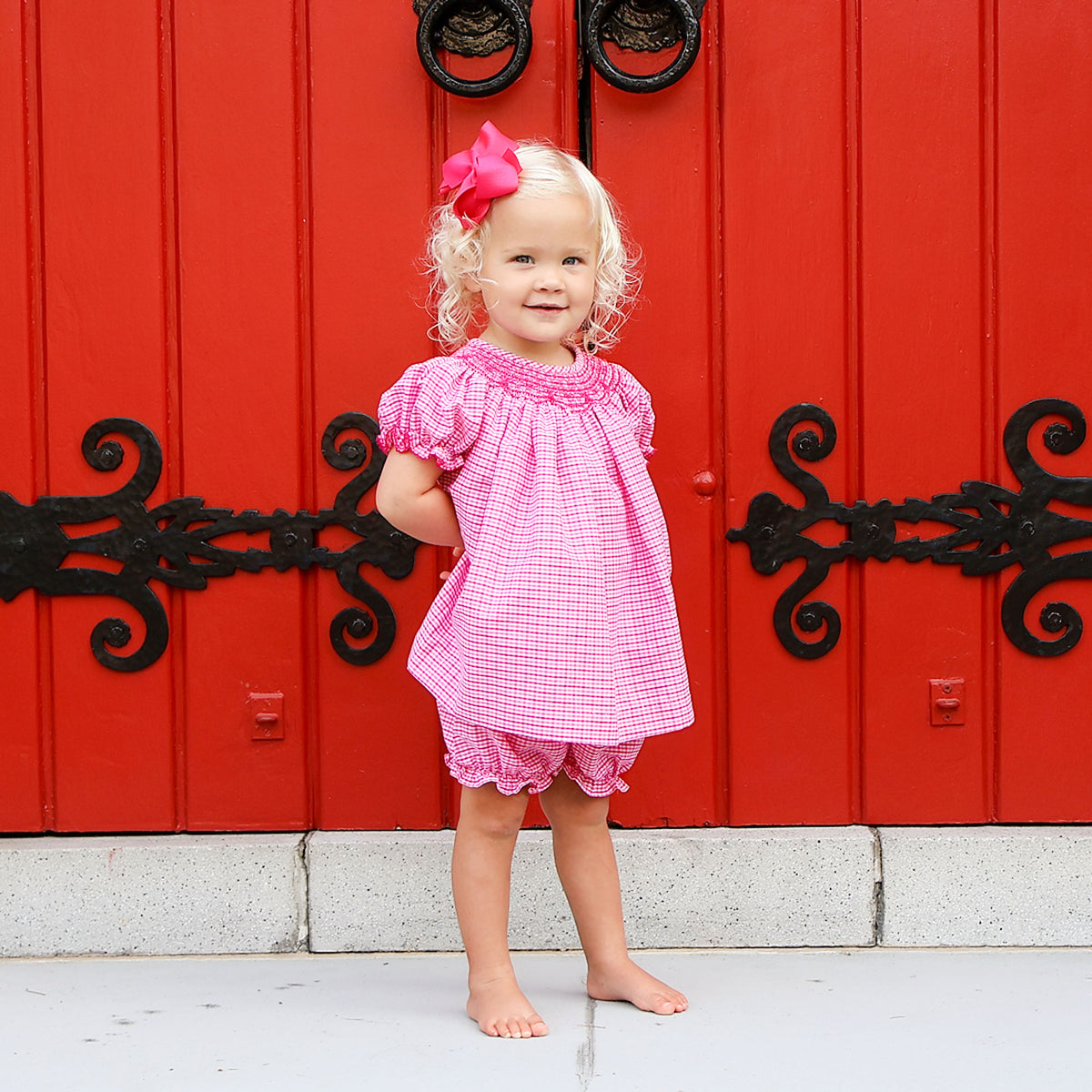 Pink Plaid Smocked Bishop Bloomer Set