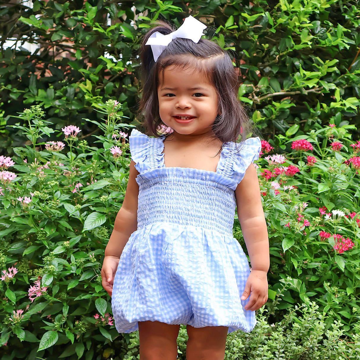 Light Blue Gingham Smocked Hannah Bubble