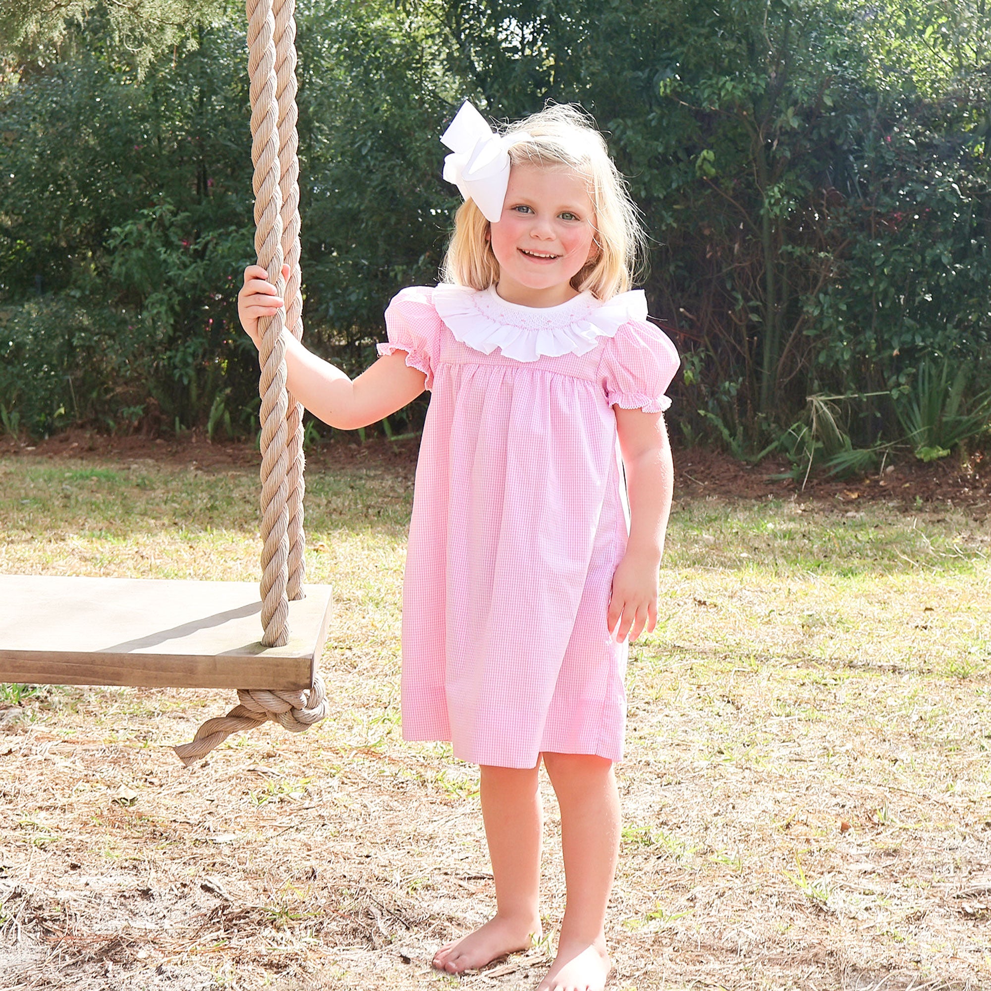 Pink Gingham Smocked Ruffle Collared Dress by Classic Whimsy - Dresses