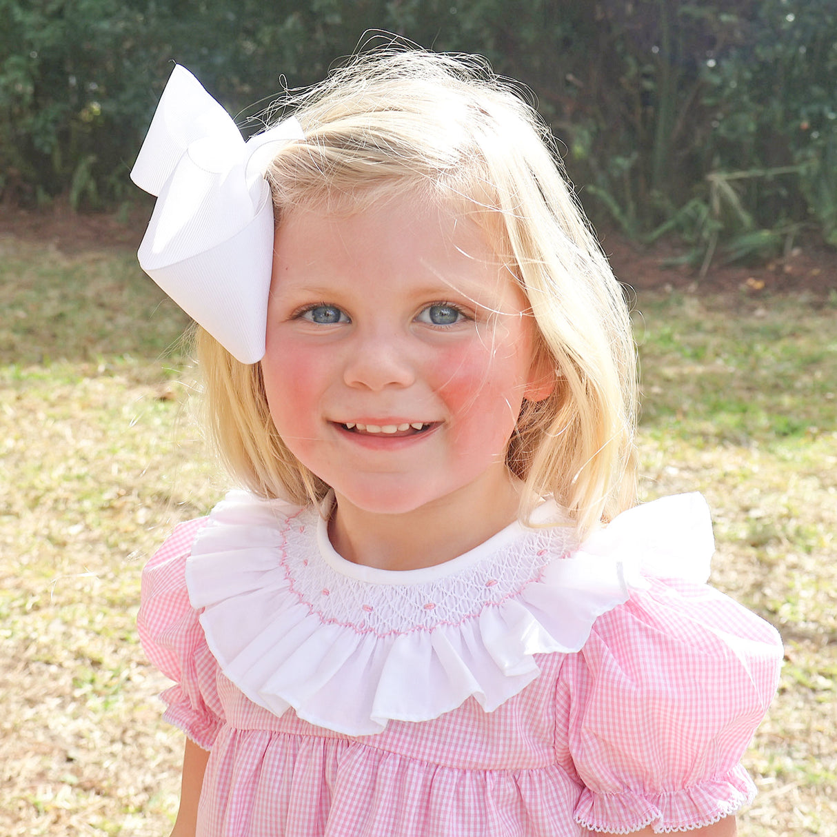 Pink Gingham Smocked Ruffle Collared Dress