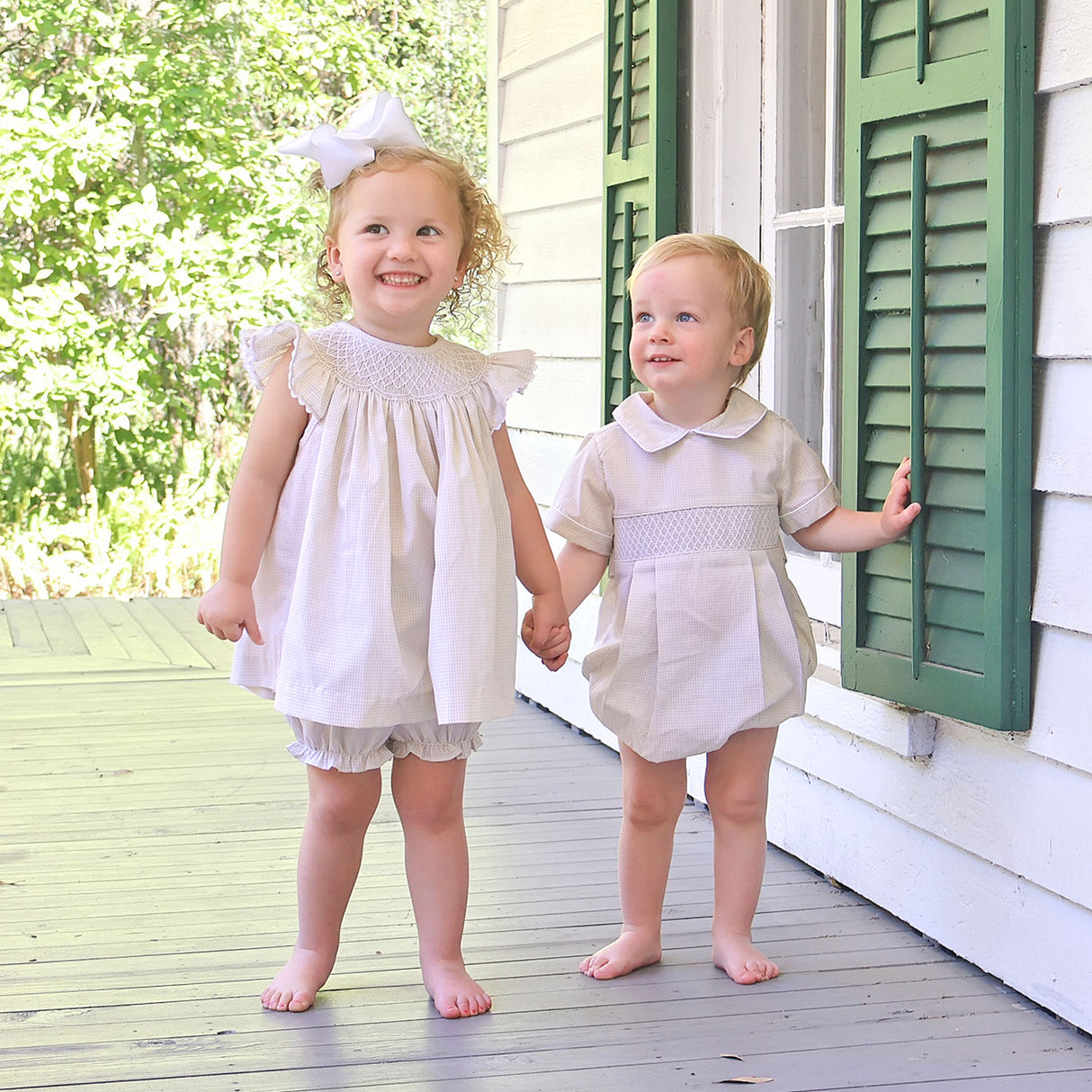 Geo Smocked Tan Gingham Angel Sleeve Bloomer Set