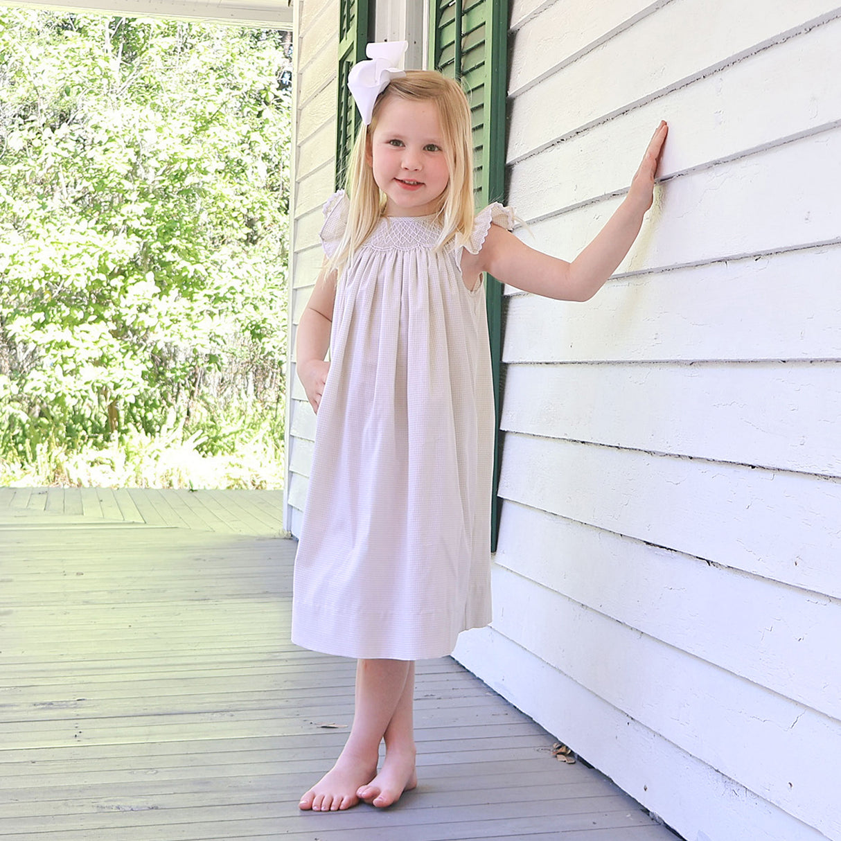 Geo Smocked Tan Gingham Angel Sleeve Dress