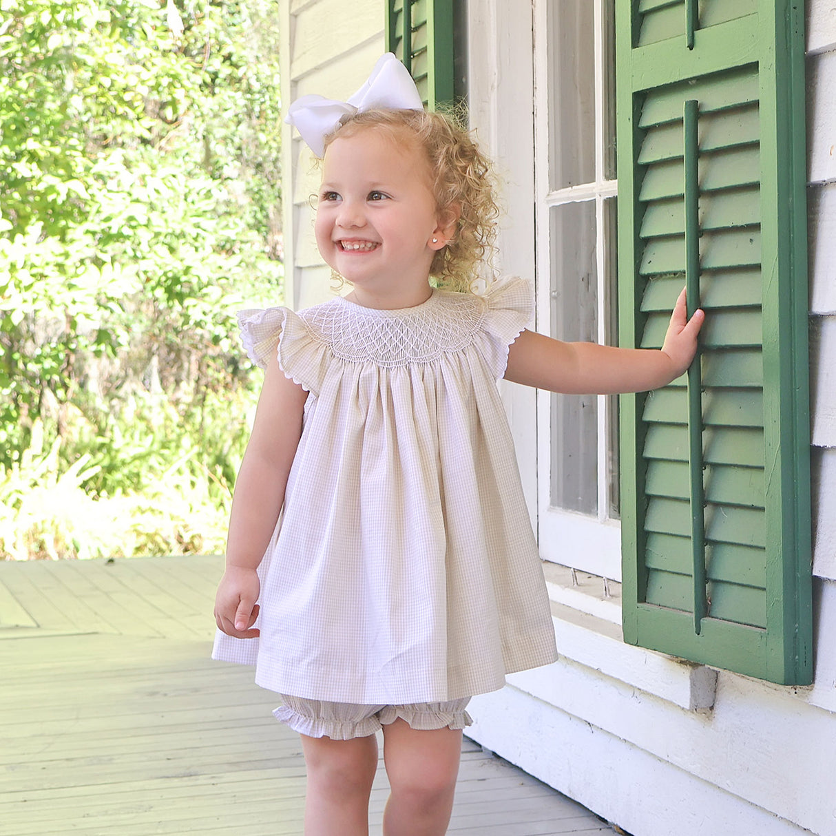 Geo Smocked Tan Gingham Angel Sleeve Bloomer Set