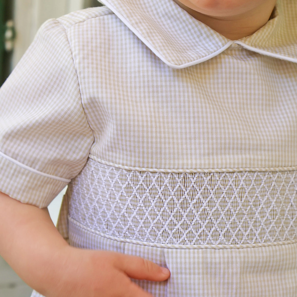 Geo Smocked Tan Gingham Collared Bubble
