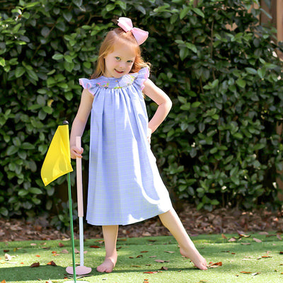 Play Golf Blue Plaid Smocked Angel Sleeve Dress
