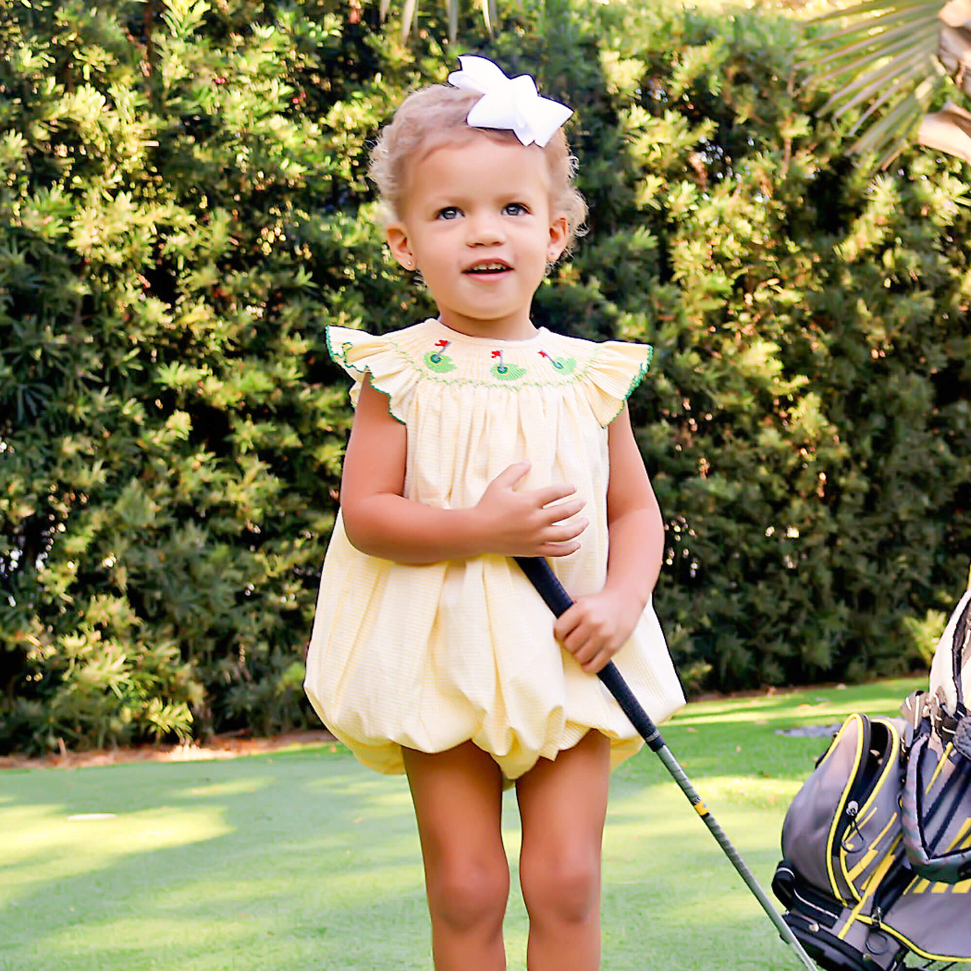 Golf Yellow Gingham Smocked Bubble – Classic Whimsy