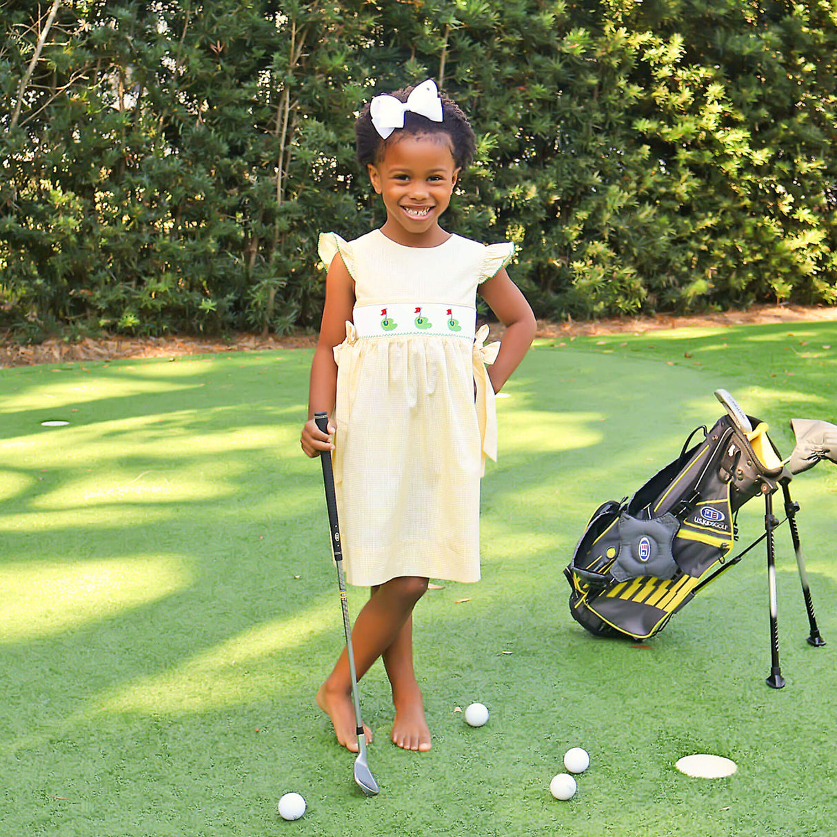 Golf Pin Yellow Gingham Smocked Beverly Dress
