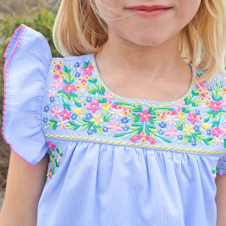 Colorful Embroidered Blue Gingham Beach Dress