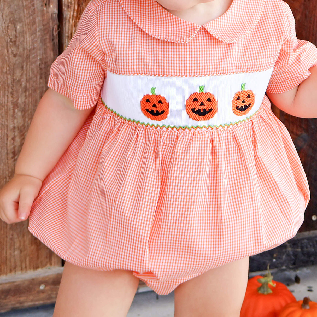 Trio Jack O Lantern Smocked Orange Gingham Collared Bubble