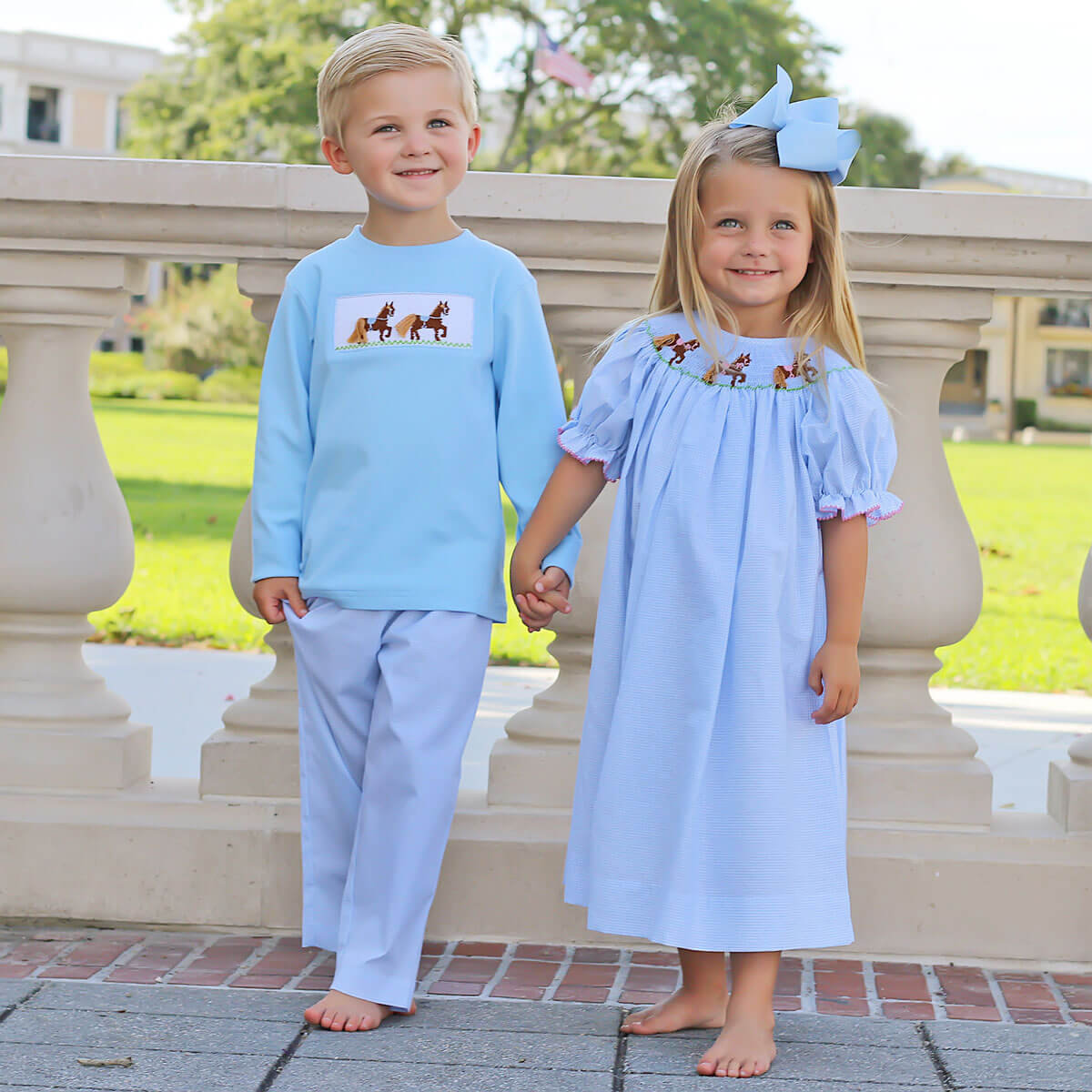 Horse Smocked Light Blue Dress – Classic Whimsy
