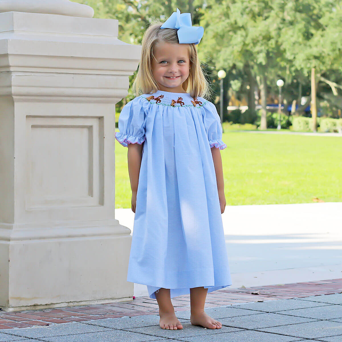 Horse Smocked Light Blue Dress Horse Smocked Light Blue Dress