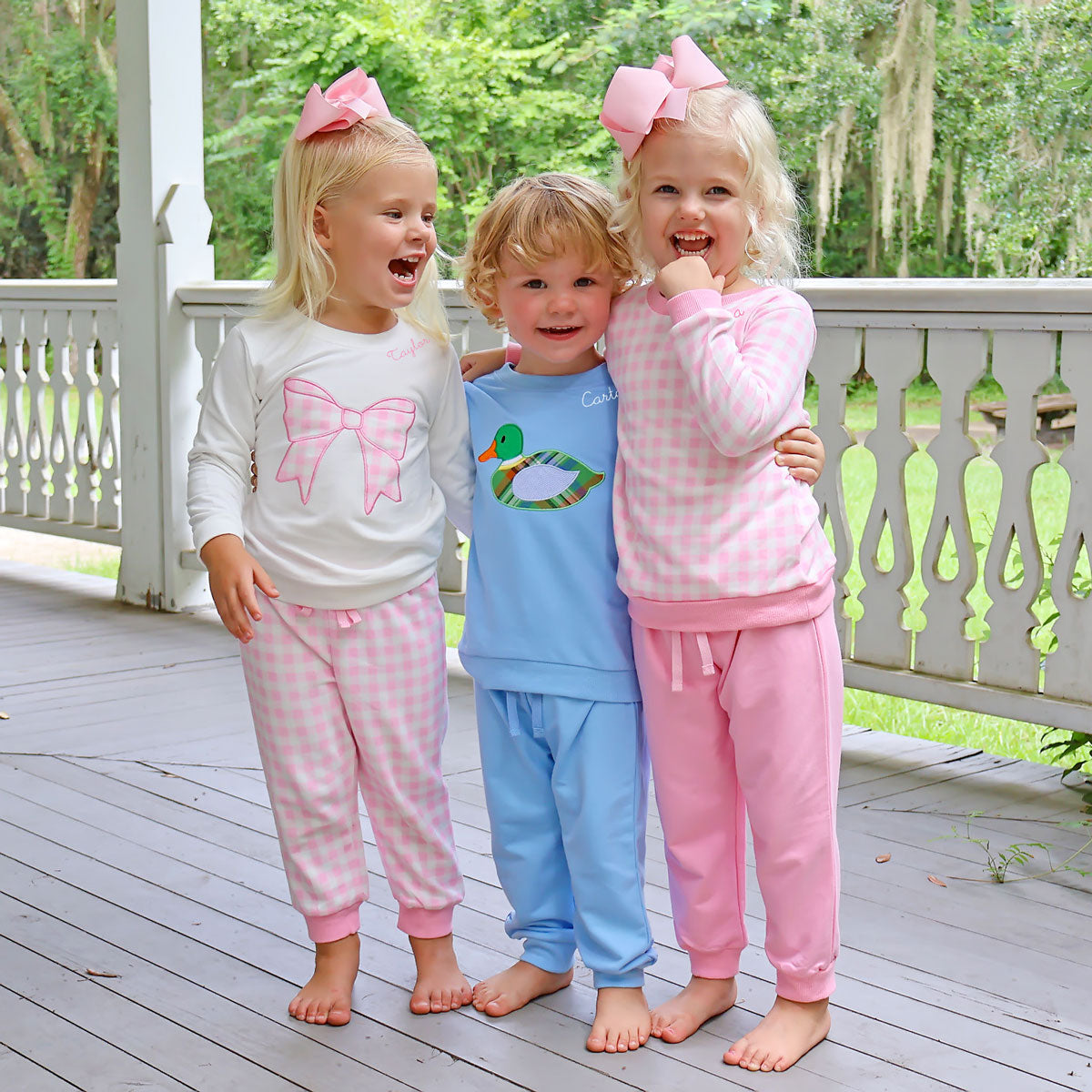 Bow Applique Pink Gingham Jogger Set