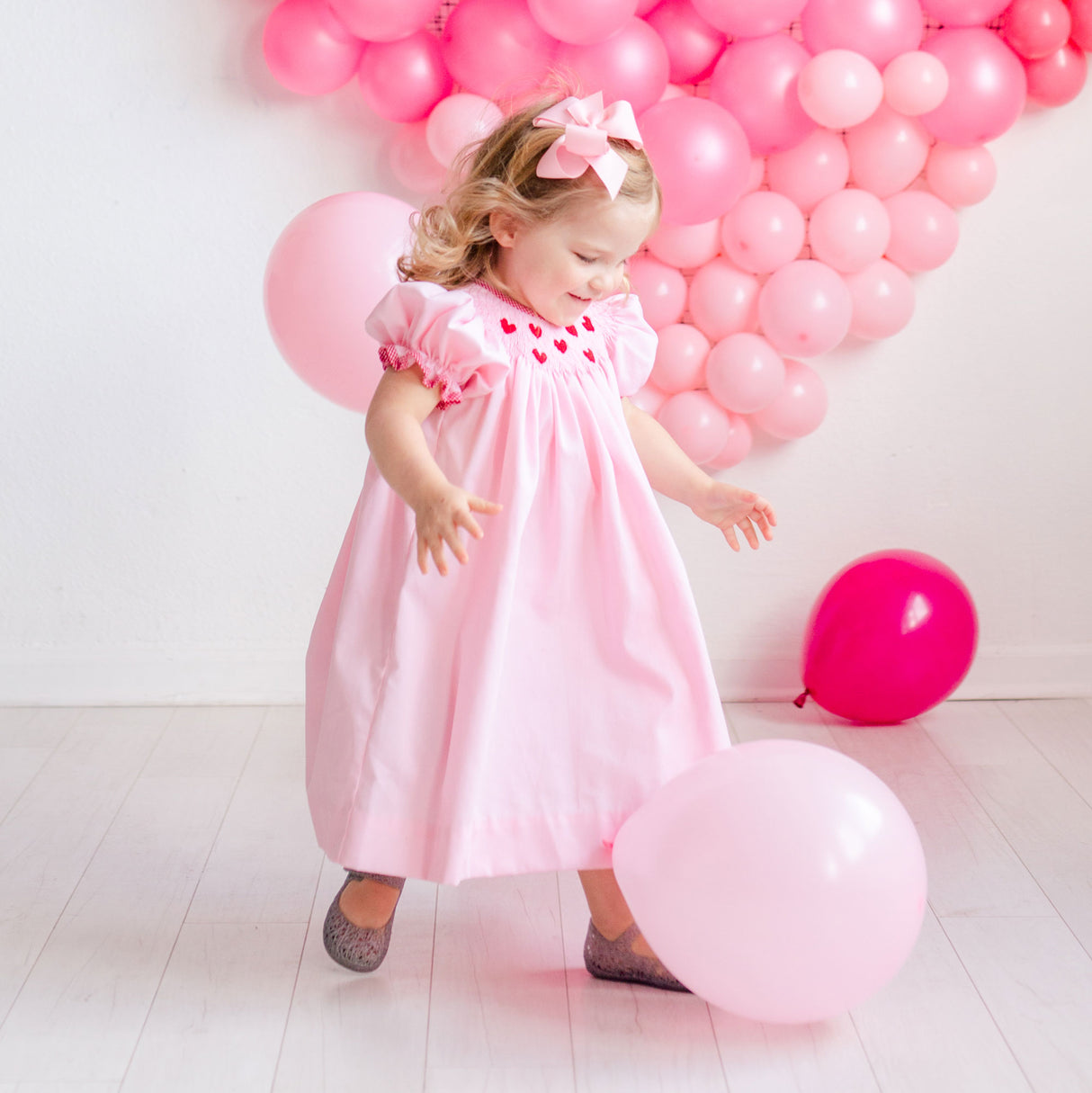 Tiny Hearts Pink Pique Smocked Bishop Dress