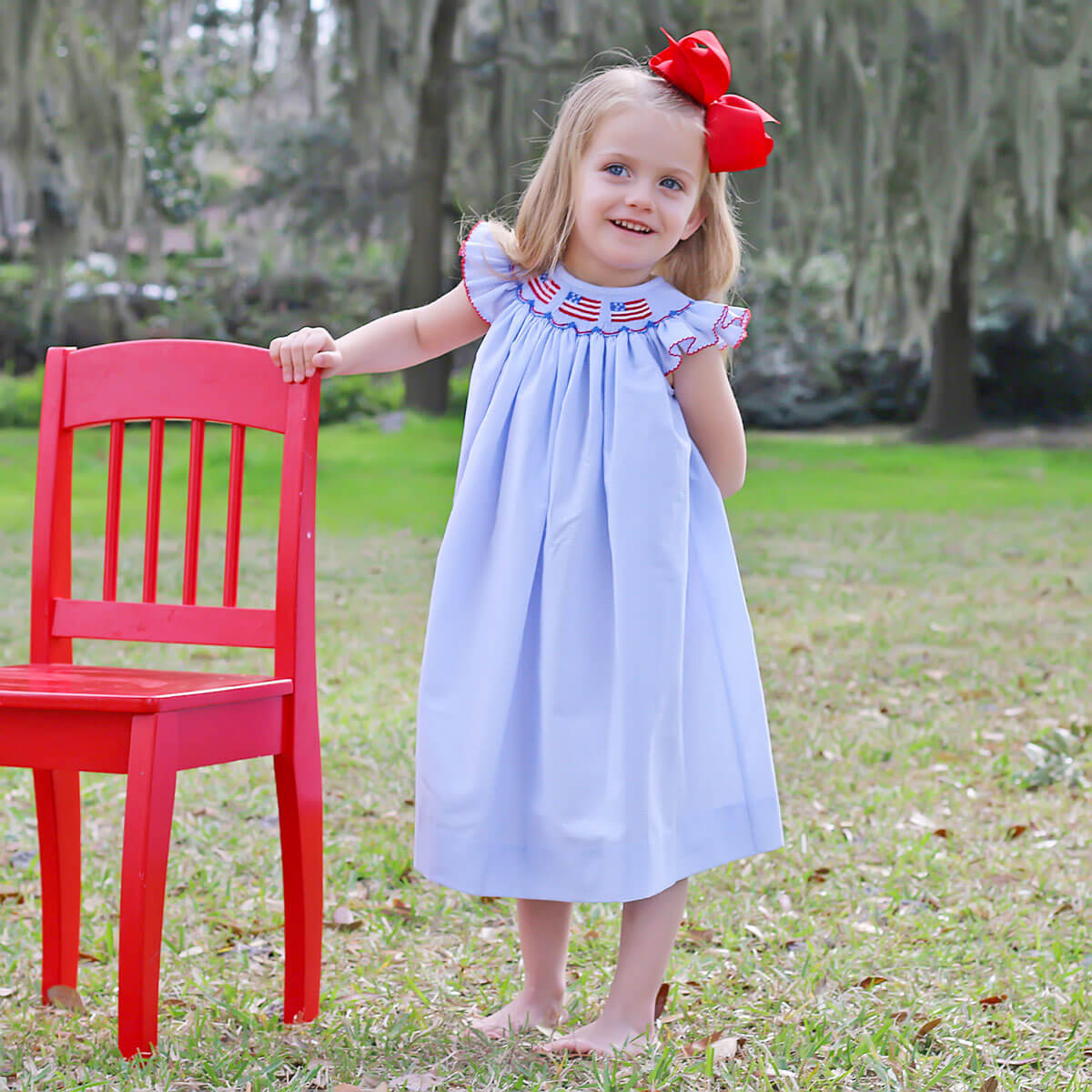 Light Blue Gingham Flag Smocked Dress