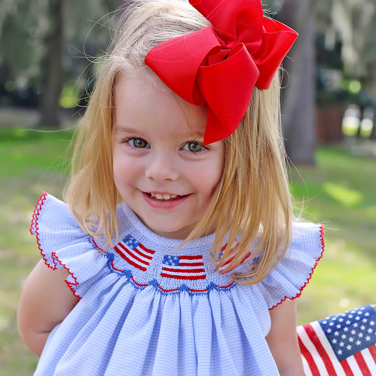 Light Blue Gingham Flag Smocked Bloomer Set – Classic Whimsy