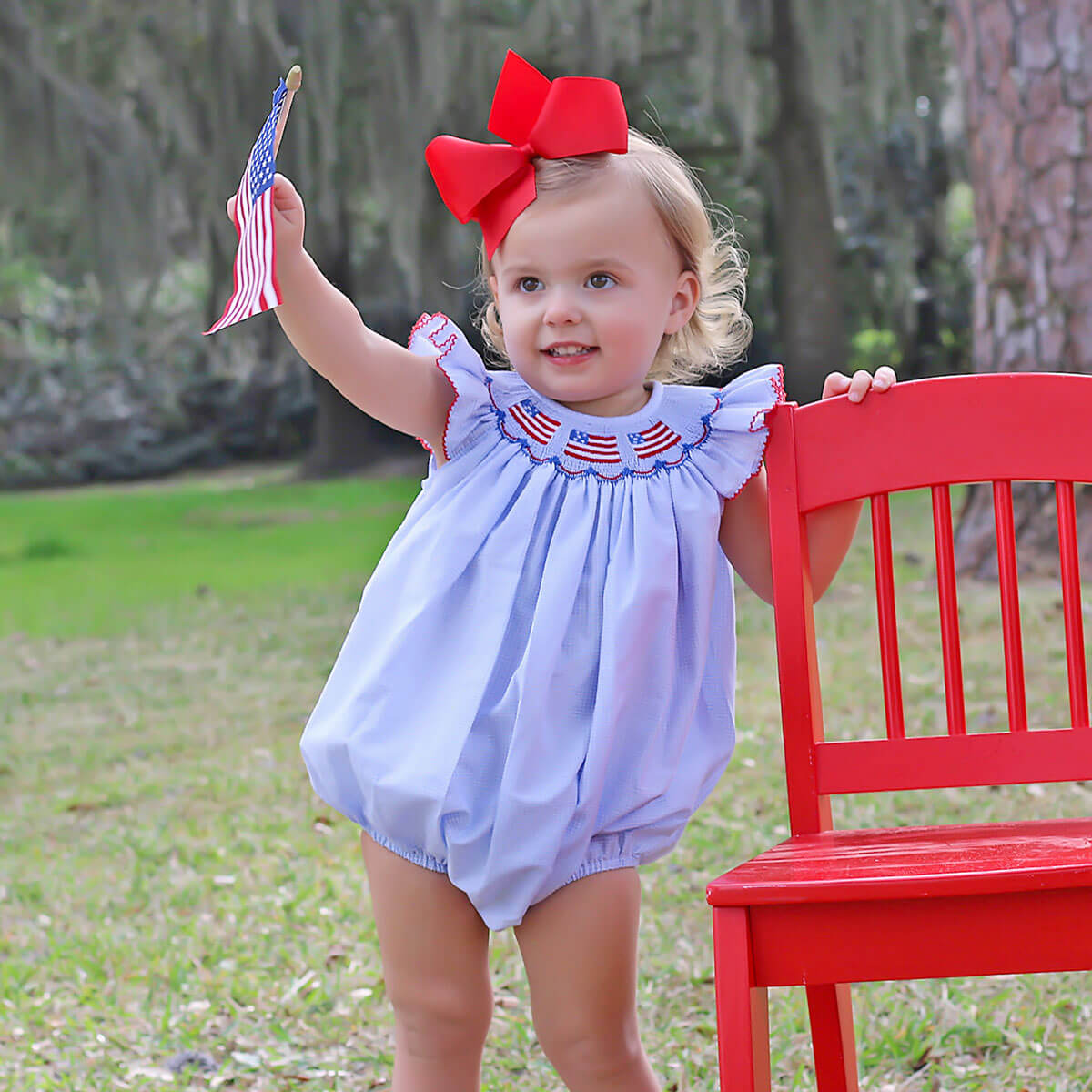 Light Blue Gingham Flag Smocked Bubble by Southern Sunshine - Girls Bubbles - 24M