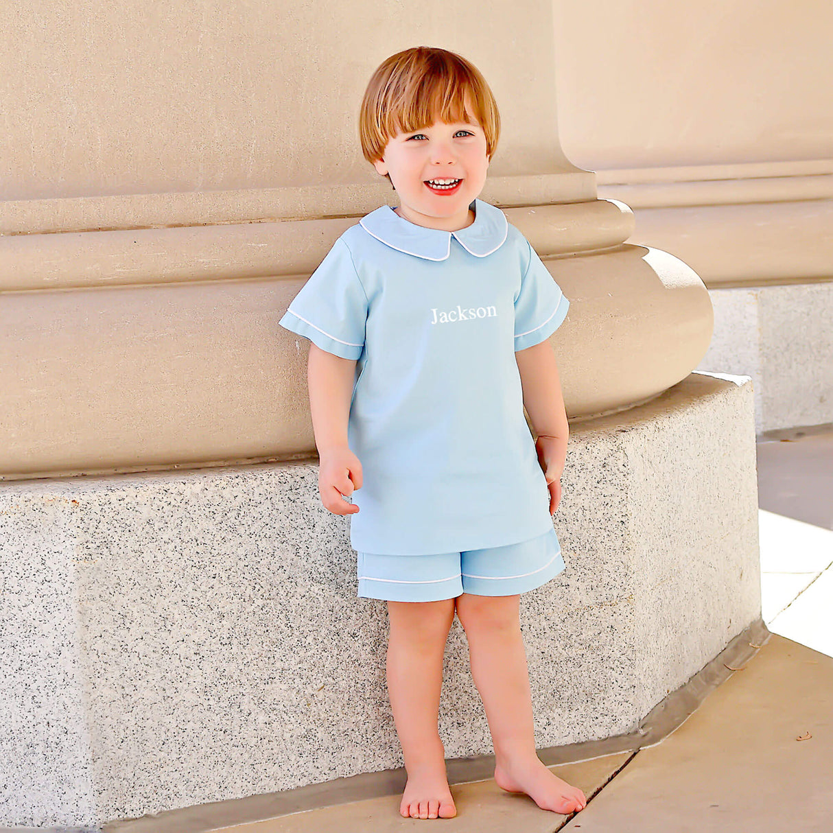 Solid Light Blue Collared Short Set