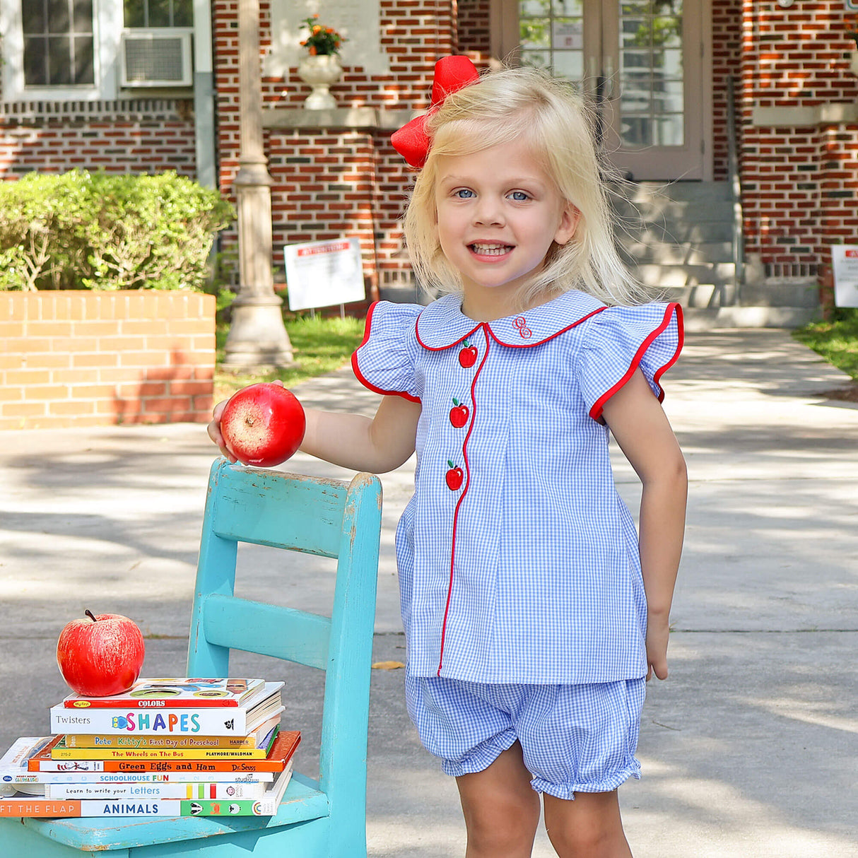 Adorable Apple Embroidered Blue Gingham Jane Bloomer Set