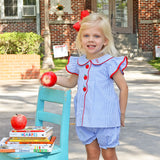 Adorable Apple Embroidered Blue Gingham Jane Bloomer Set