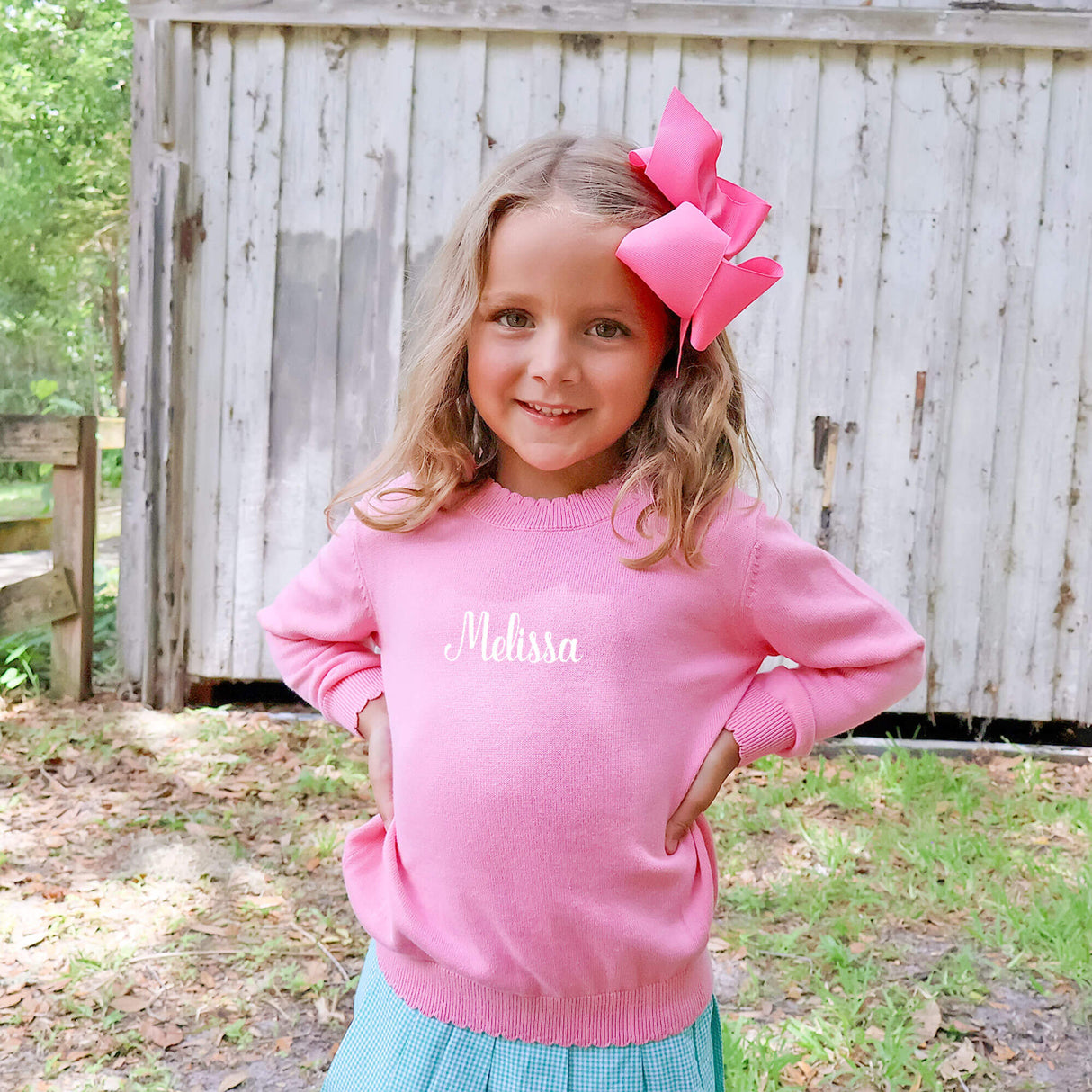 Pink Scalloped Crew Neck Sweater