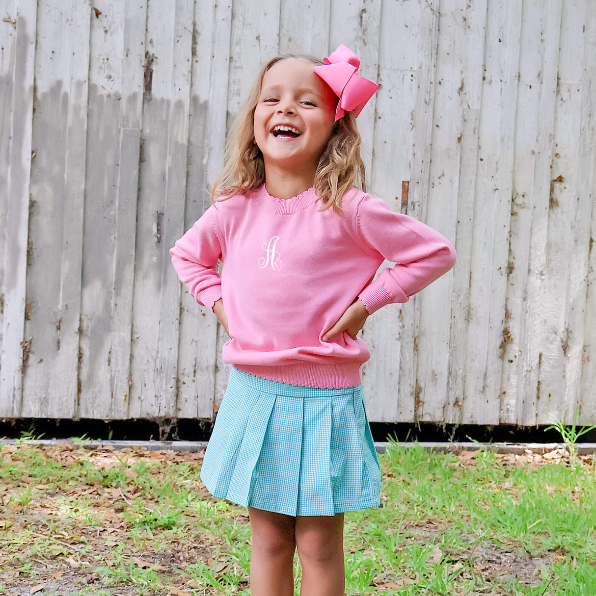 Pink Scalloped Crew Neck Sweater